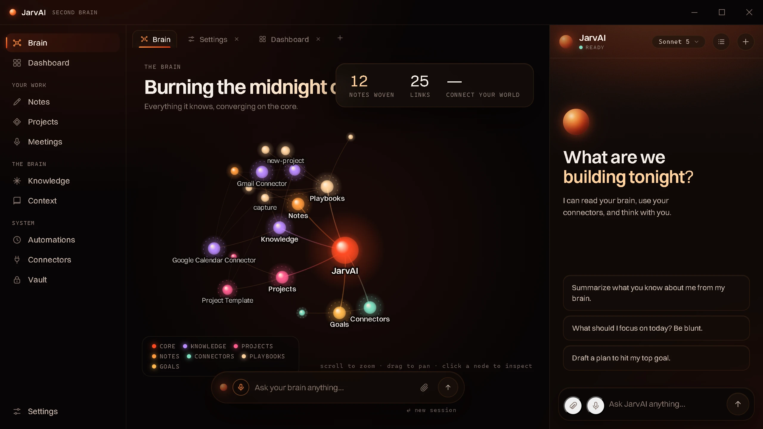 The Brain view: your notes and projects rendered as a glowing constellation around a central JarvAI core